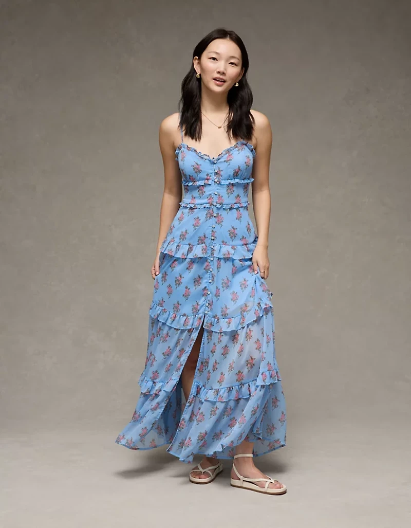 AE Button-Up Ruffle Midi Dress