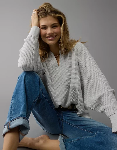 AE Big Hug Notch Neck Waffle Sweatshirt