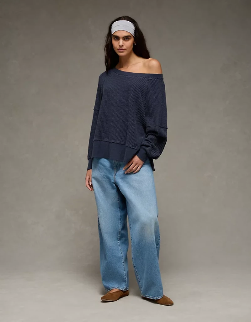 AE Big Hug Off-The-Shoulder Waffle Sweatshirt