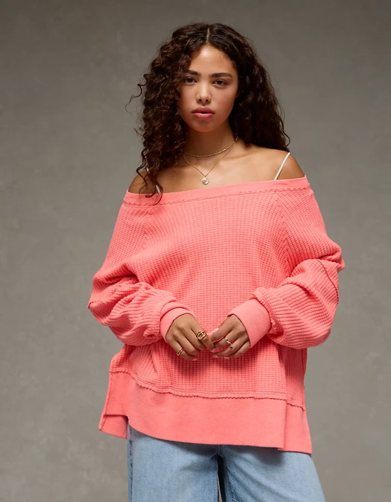 AE Big Hug Off-The-Shoulder Waffle Sweatshirt