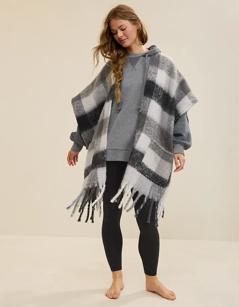Aerie Fringe Plaid Cape