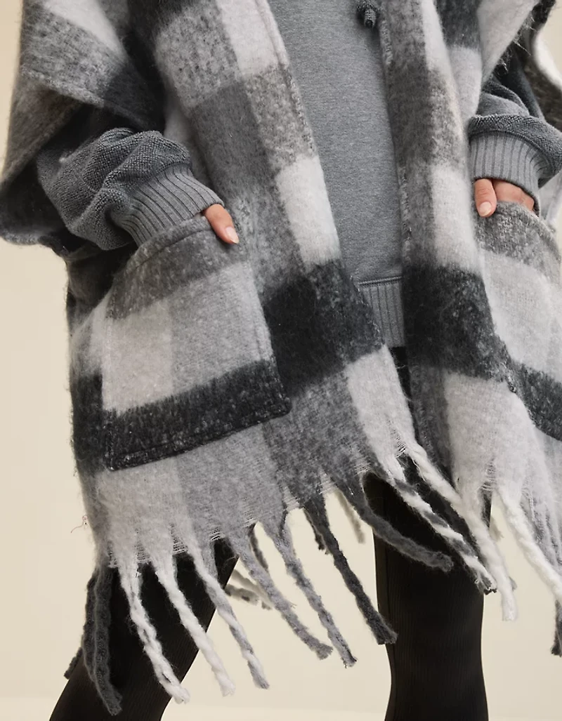 Aerie Fringe Plaid Cape
