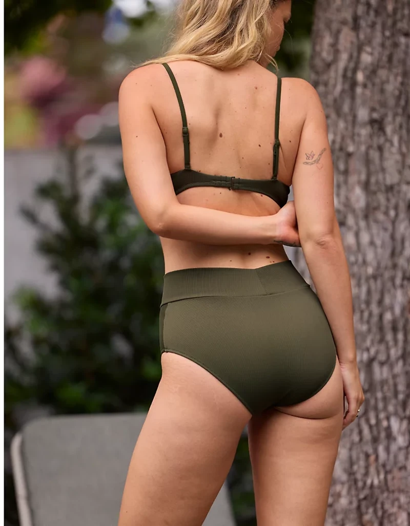 Aerie High Rise Full Coverage Crossover Ribbed Bikini Bottom
