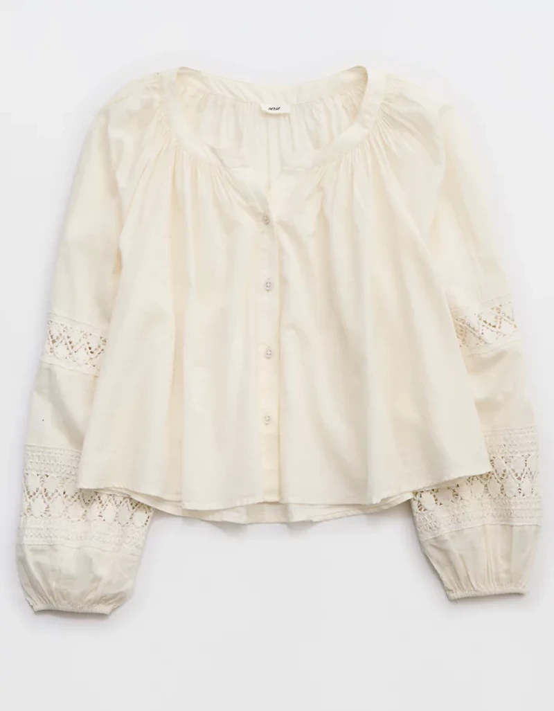 Aerie Long Sleeve Crochet Button Down Shirt