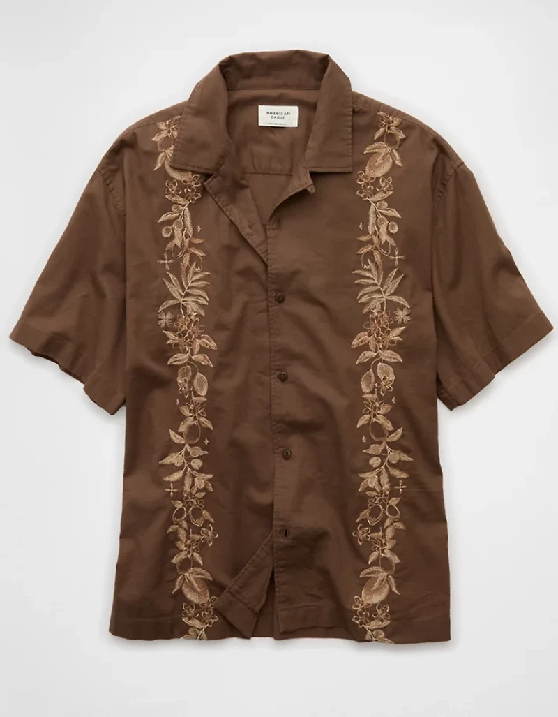 AE Poolside Linen-Blend Embroidered Button-Up Shirt