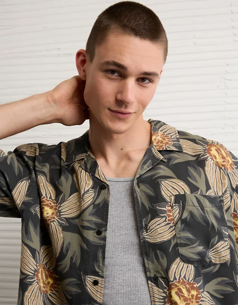 AE Relaxed Fit Camp Collar Button-Up Shirt