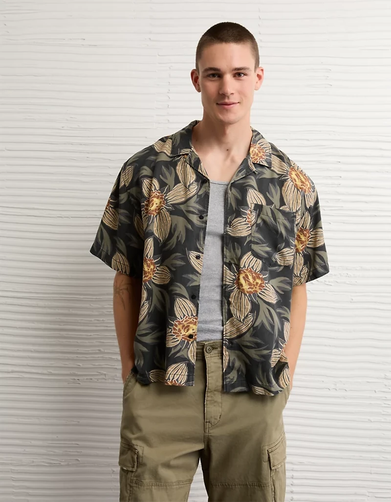 AE Relaxed Fit Camp Collar Button-Up Shirt