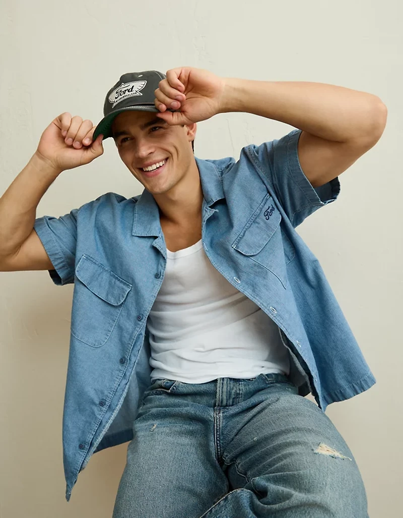 AE Relaxed Ford Mustang Denim Button-Up Shirt