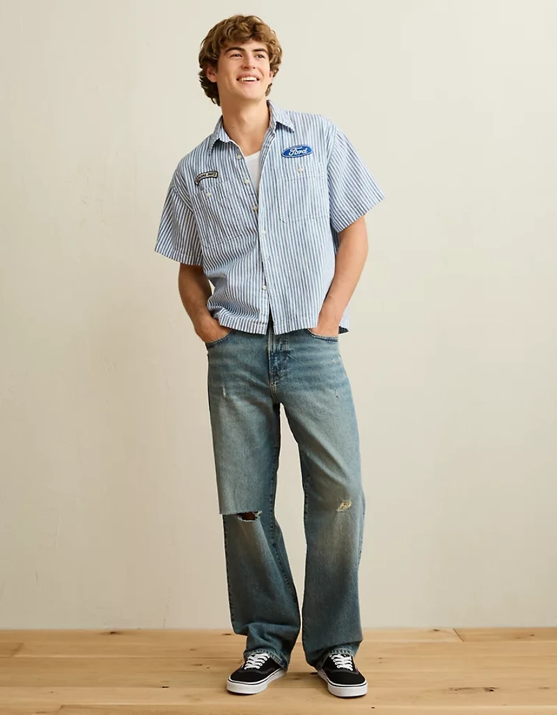 AE Relaxed Ford Denim Short-Sleeve Button-Up Shirt