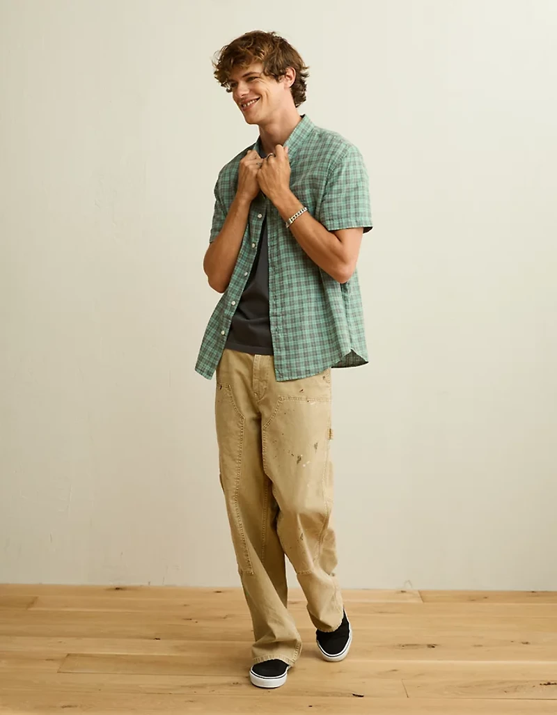 AE Standard Fit Linen-Blend Short-Sleeve Button-Up Shirt