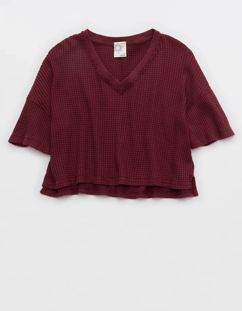 OFFLINE By Aerie Wow! Waffle V Neck Cropped Short Sleeve T-Shirt