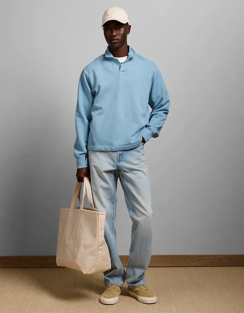 AE77 Long-Sleeve Terry Fleece Polo Shirt