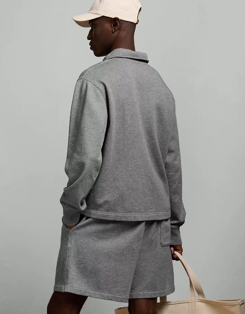 AE77 Garment-Washed Long-Sleeve Utility Polo Shirt