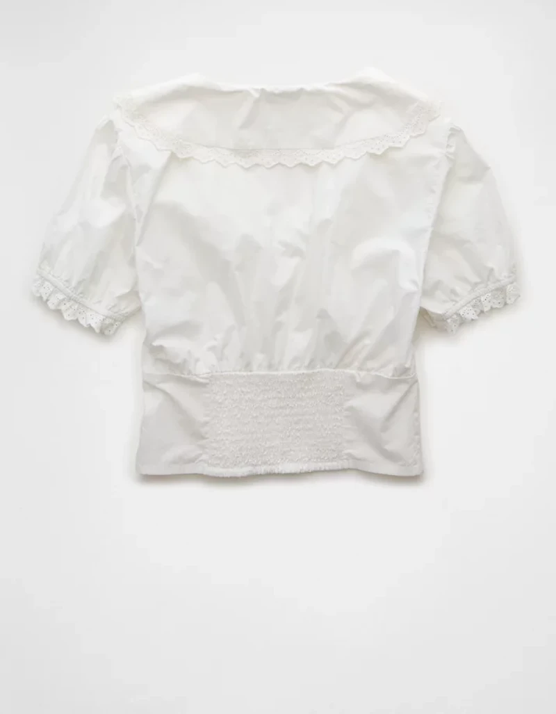 AE Short-Sleeve Ruffle Collar Eyelet Crop Top