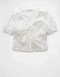 AE Short-Sleeve Ruffle Collar Eyelet Crop Top