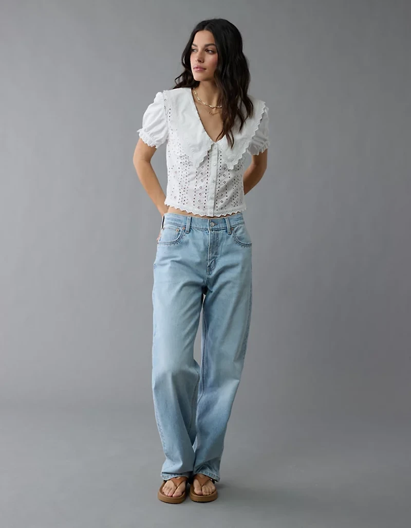 AE Short-Sleeve Ruffle Collar Eyelet Crop Top