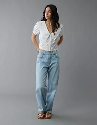 AE Short-Sleeve Ruffle Collar Eyelet Crop Top