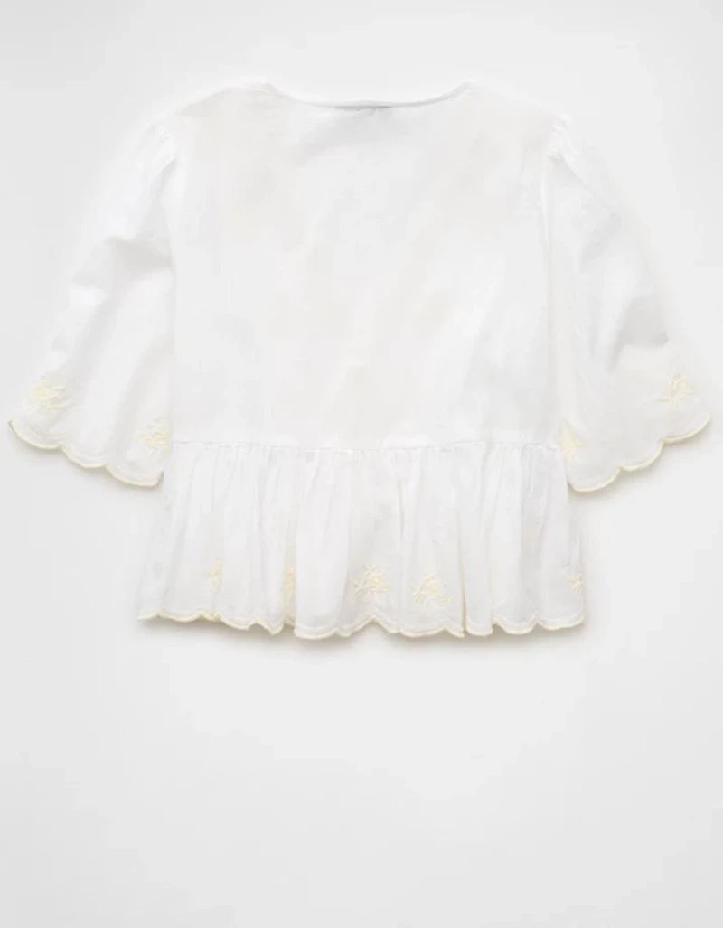 AE Embroidered Tie Front V-Neck Blouse
