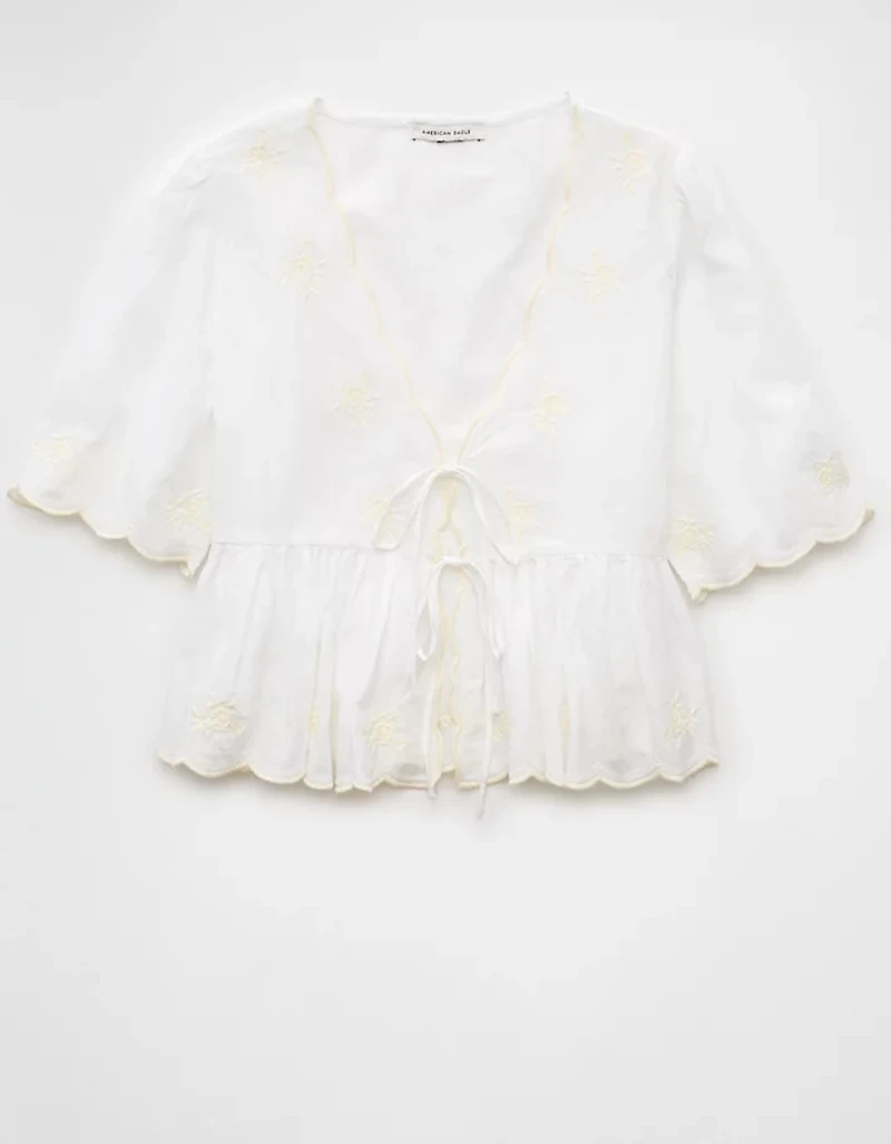 AE Embroidered Tie Front V-Neck Blouse