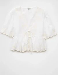 AE Embroidered Tie Front V-Neck Blouse