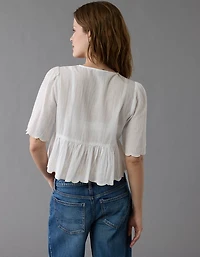 AE Embroidered Tie Front V-Neck Blouse