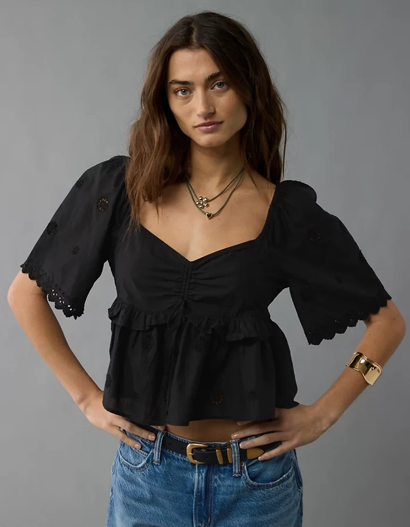 AE Flutter Sleeve Eyelet Babydoll Blouse