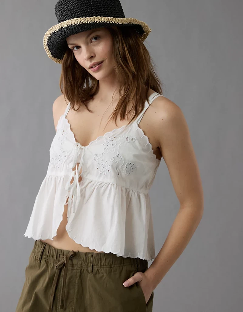 AE Tie Front Embroidered Tank Top