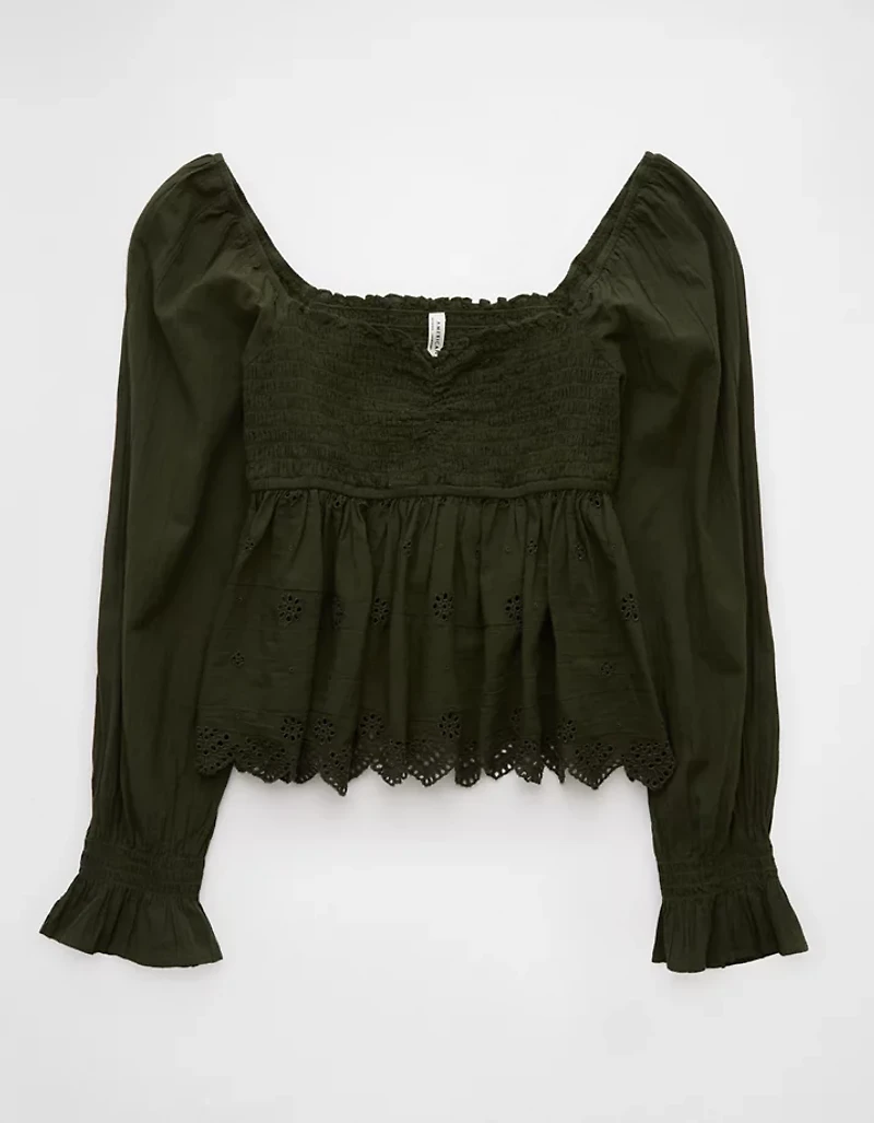AE Long-Sleeve Smocked Babydoll Blouse