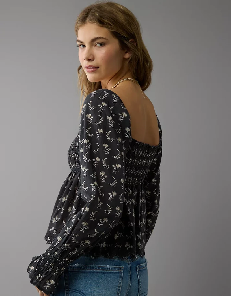 AE Long-Sleeve Smocked Babydoll Blouse