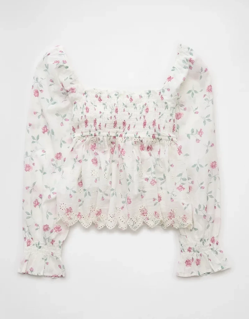 AE Long-Sleeve Smocked Babydoll Blouse