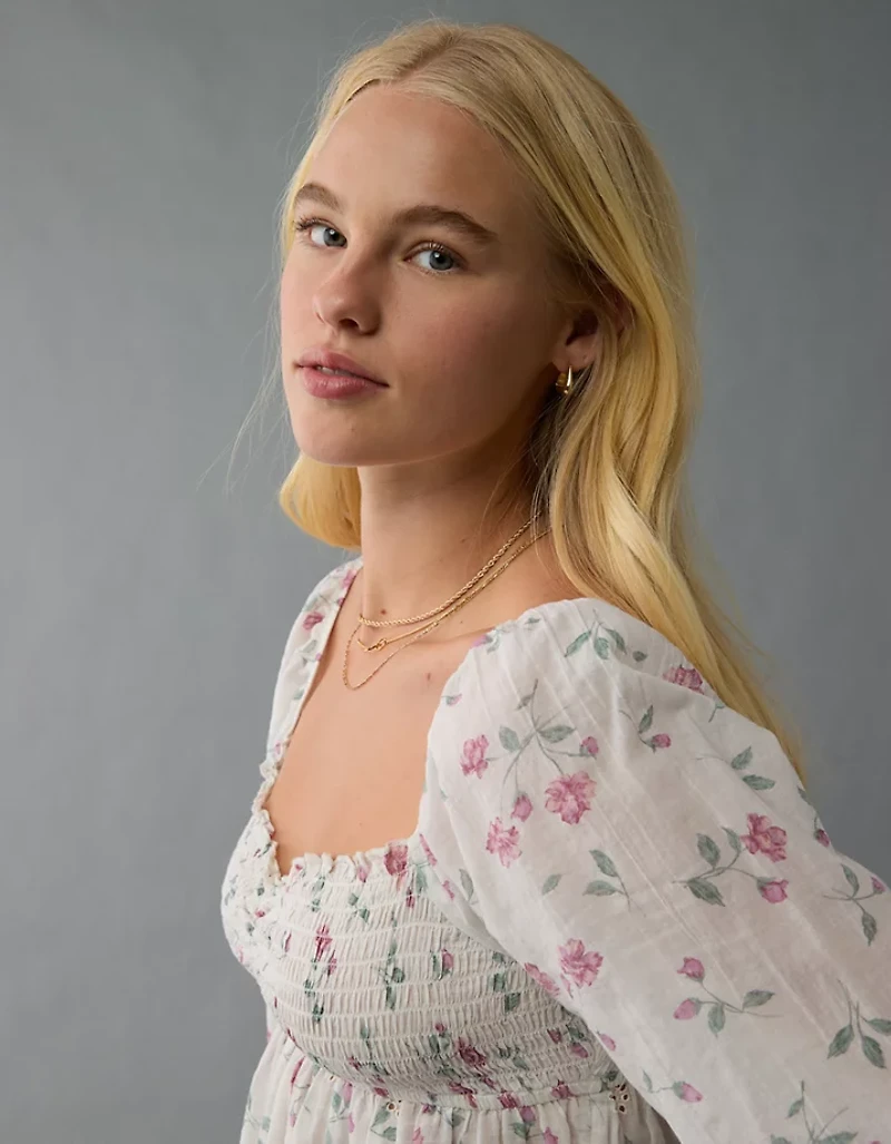 AE Long-Sleeve Smocked Babydoll Blouse