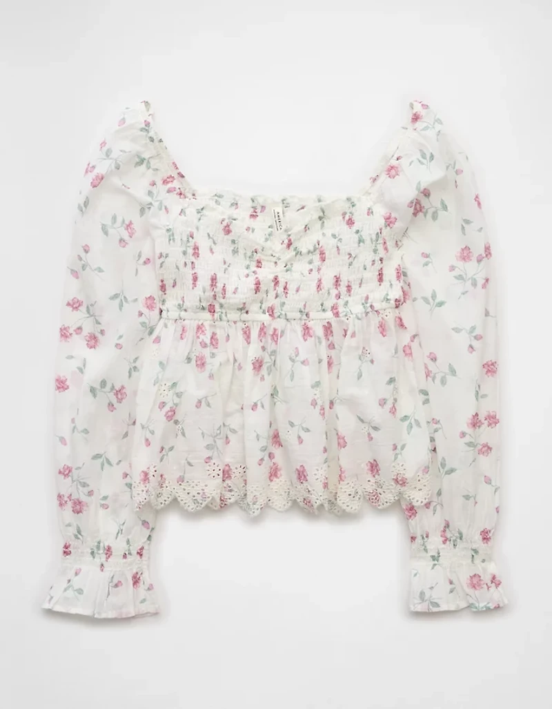 AE Long-Sleeve Smocked Babydoll Blouse