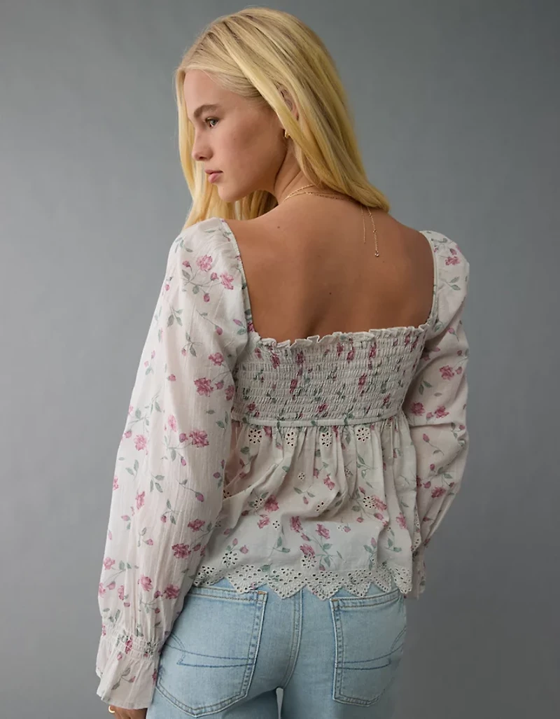 AE Long-Sleeve Smocked Babydoll Blouse