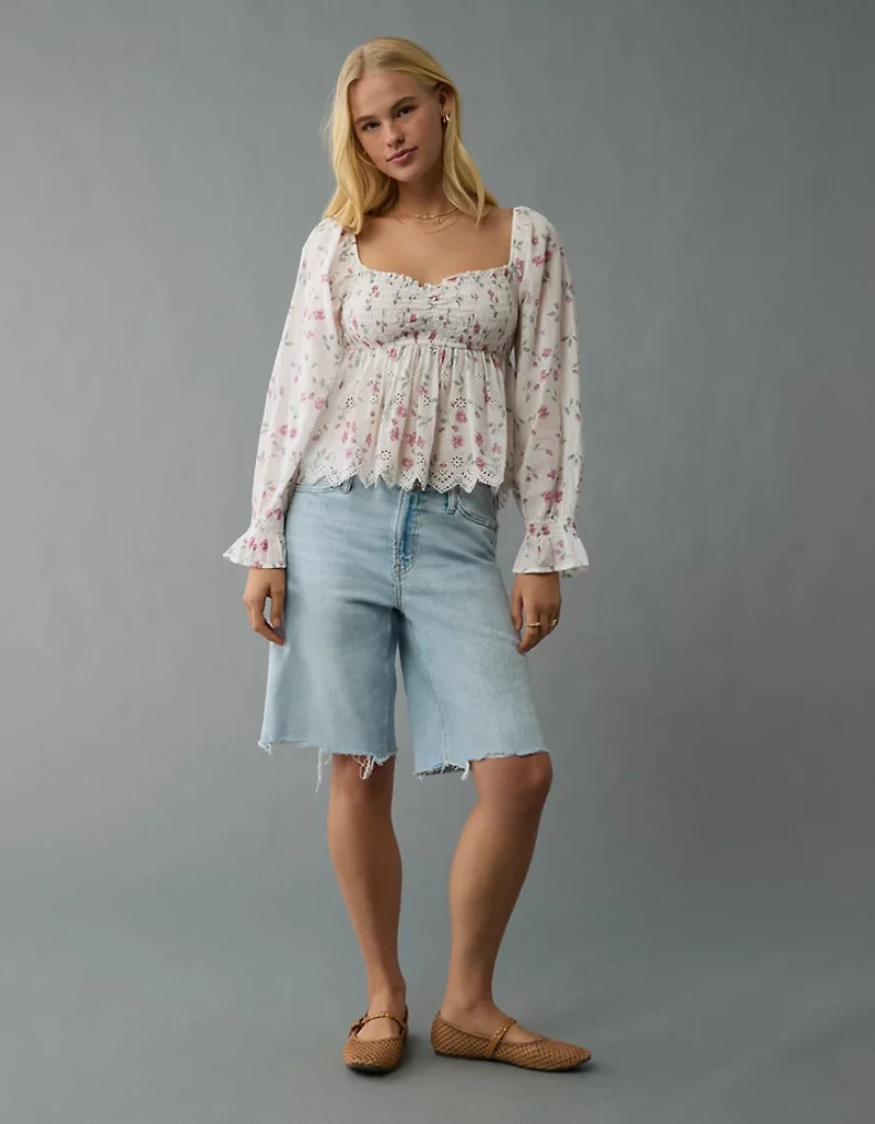 AE Long-Sleeve Smocked Babydoll Blouse