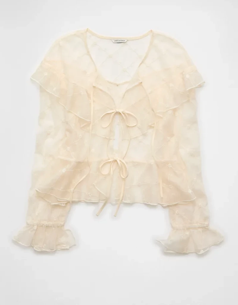 AE Embroidered Tie-Front Mesh Blouse