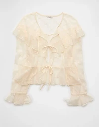 AE Embroidered Tie-Front Mesh Blouse