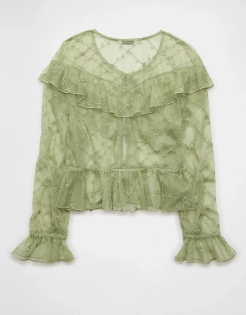 AE Embroidered Tie-Front Mesh Blouse