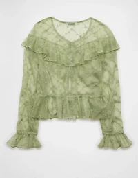 AE Embroidered Tie-Front Mesh Blouse