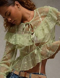 AE Embroidered Tie-Front Mesh Blouse