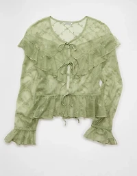 AE Embroidered Tie-Front Mesh Blouse