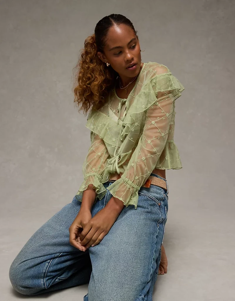 AE Embroidered Tie-Front Mesh Blouse