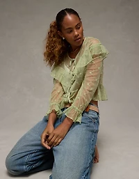 AE Embroidered Tie-Front Mesh Blouse