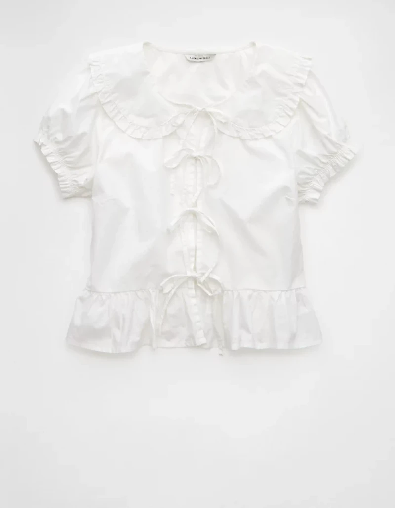 AE Collared Puff Sleeve Tie Front Blouse
