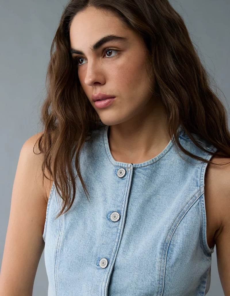 Veste à col rond boutonnée en denim AE