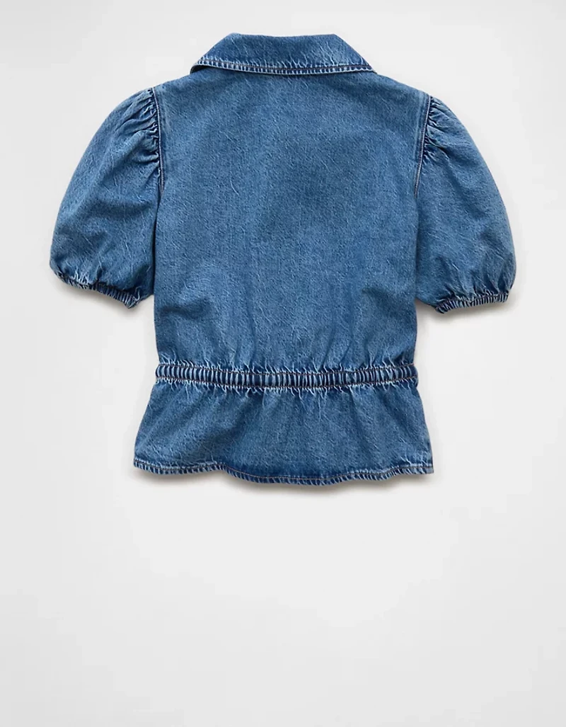 Chemisier en denim noué à l’avant manches bouffantes et col AE