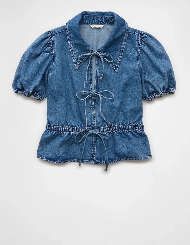 Chemisier en denim noué à l’avant manches bouffantes et col AE