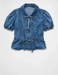 Chemisier en denim noué à l’avant manches bouffantes et col AE
