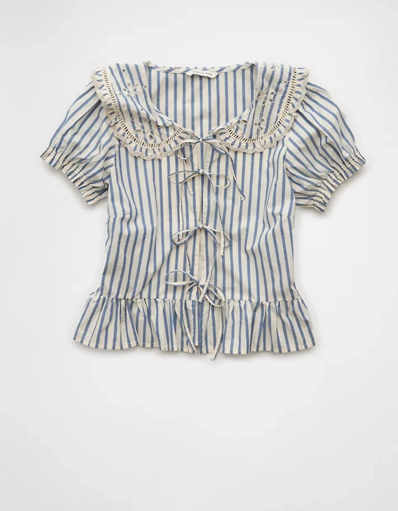 AE Collared Puff Sleeve Tie Front Blouse