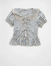 AE Collared Puff Sleeve Tie Front Blouse