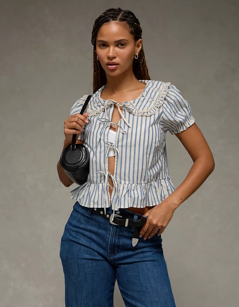 AE Collared Puff Sleeve Tie Front Blouse